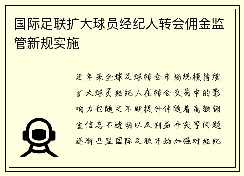 国际足联扩大球员经纪人转会佣金监管新规实施 国际足联扩大球员经纪人转会佣金监管新规实施