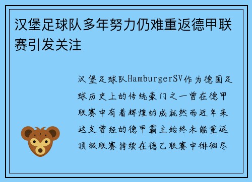 汉堡足球队多年努力仍难重返德甲联赛引发关注 汉堡足球队多年努力仍难重返德甲联赛引发关注