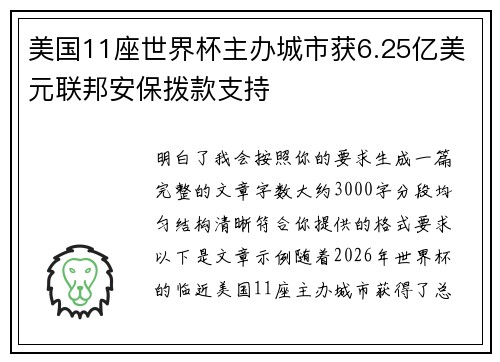 美国11座世界杯主办城市获6.25亿美元联邦安保拨款支持